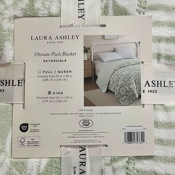 Laura‎ Ashley King Plush Blanket Reversible Floral Stripe Sage Ivory Shabby Chic - Picture 11 of 16